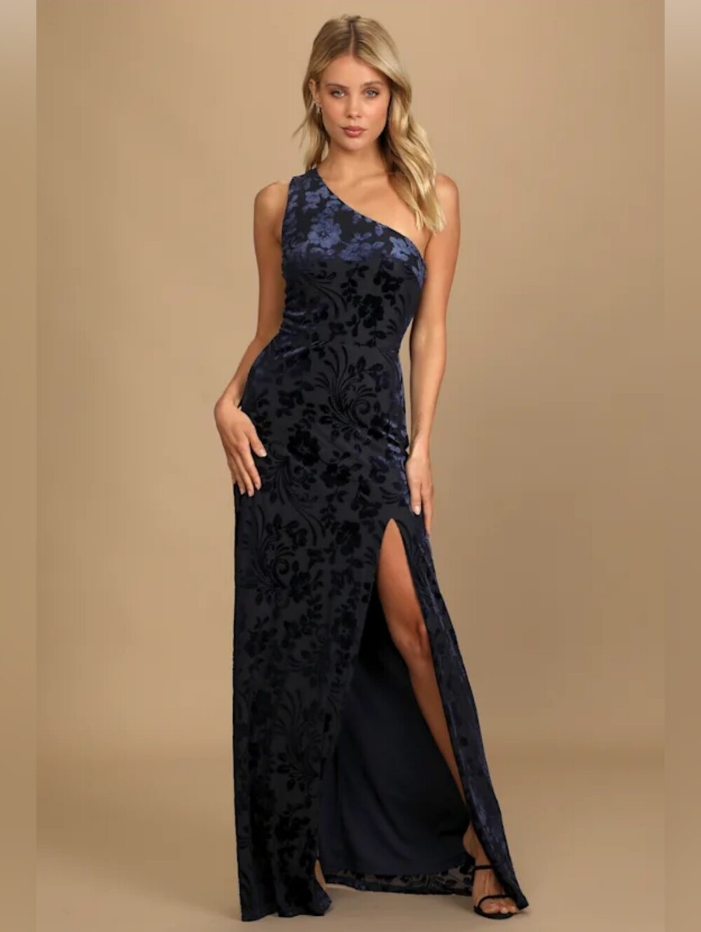 Lulus Marvelous Moi Navy Blue Burnout  Velvet One-Shoulder Maxi Dress With Slit